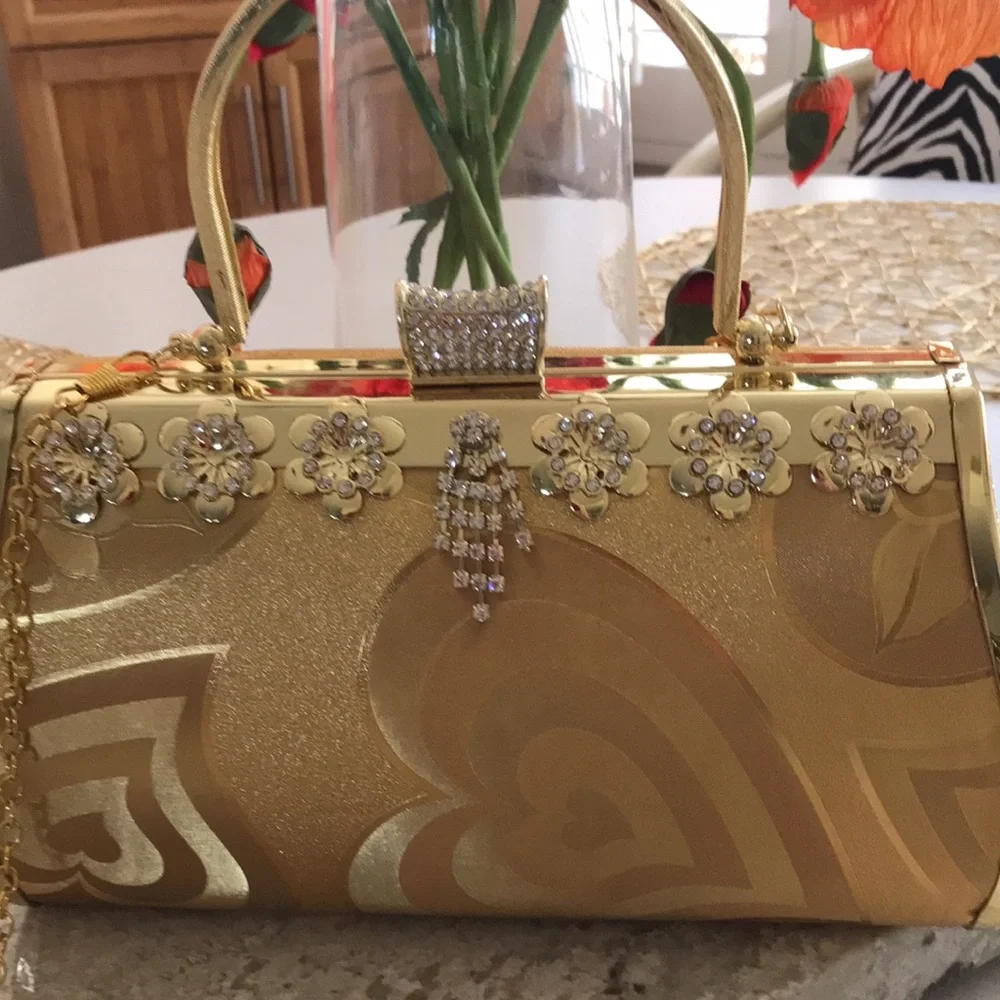 Gold Floral-Embellished Evening Clutch